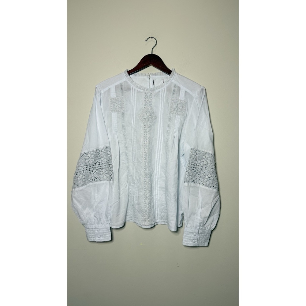 Cottagecore Blue Cotton Crochet Lace Panel Blouse Pintuck Long Sleeve Boho XL L